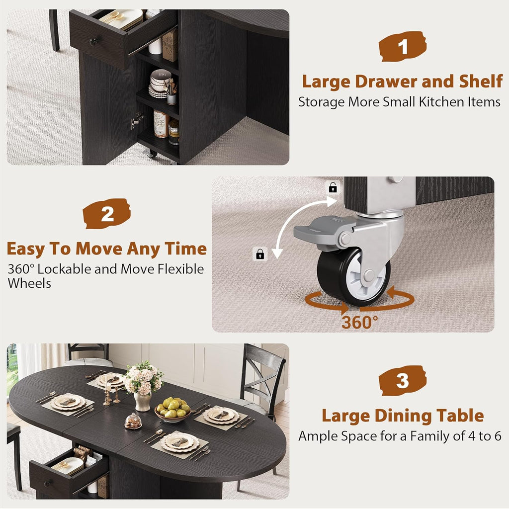 Jocoevol Round Folding Dining Table for 6, Space Saving Drop Leaf Kitchen Table with Storage Drawer, 6 Wheels Oval Gateleg Foldable Dining Table for Small Spaces (Black, 51" x 31.5" x 30")
