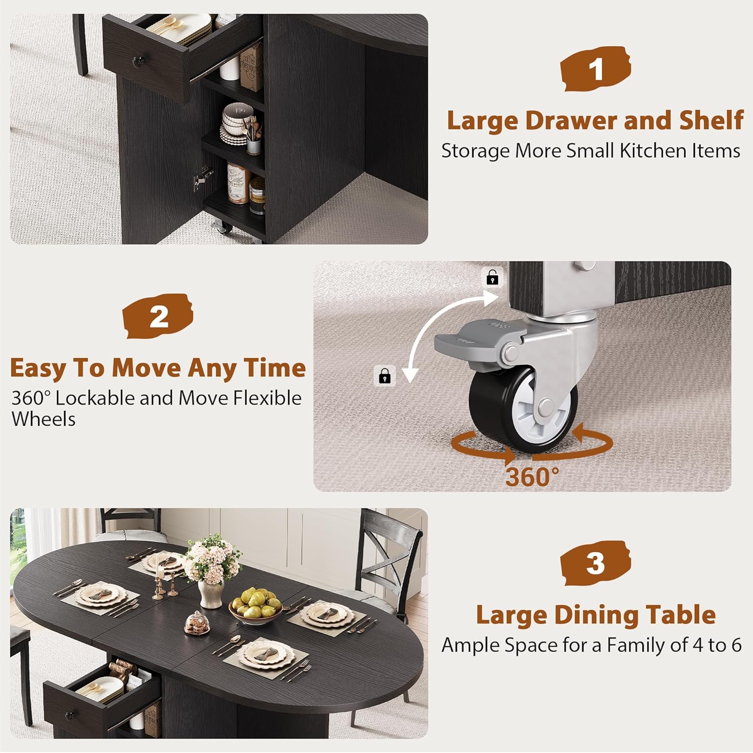 Jocoevol Round Folding Dining Table for 6, Space Saving Drop Leaf Kitchen Table with Storage Drawer, 6 Wheels Oval Gateleg Foldable Dining Table for Small Spaces (Black, 51" x 31.5" x 30")