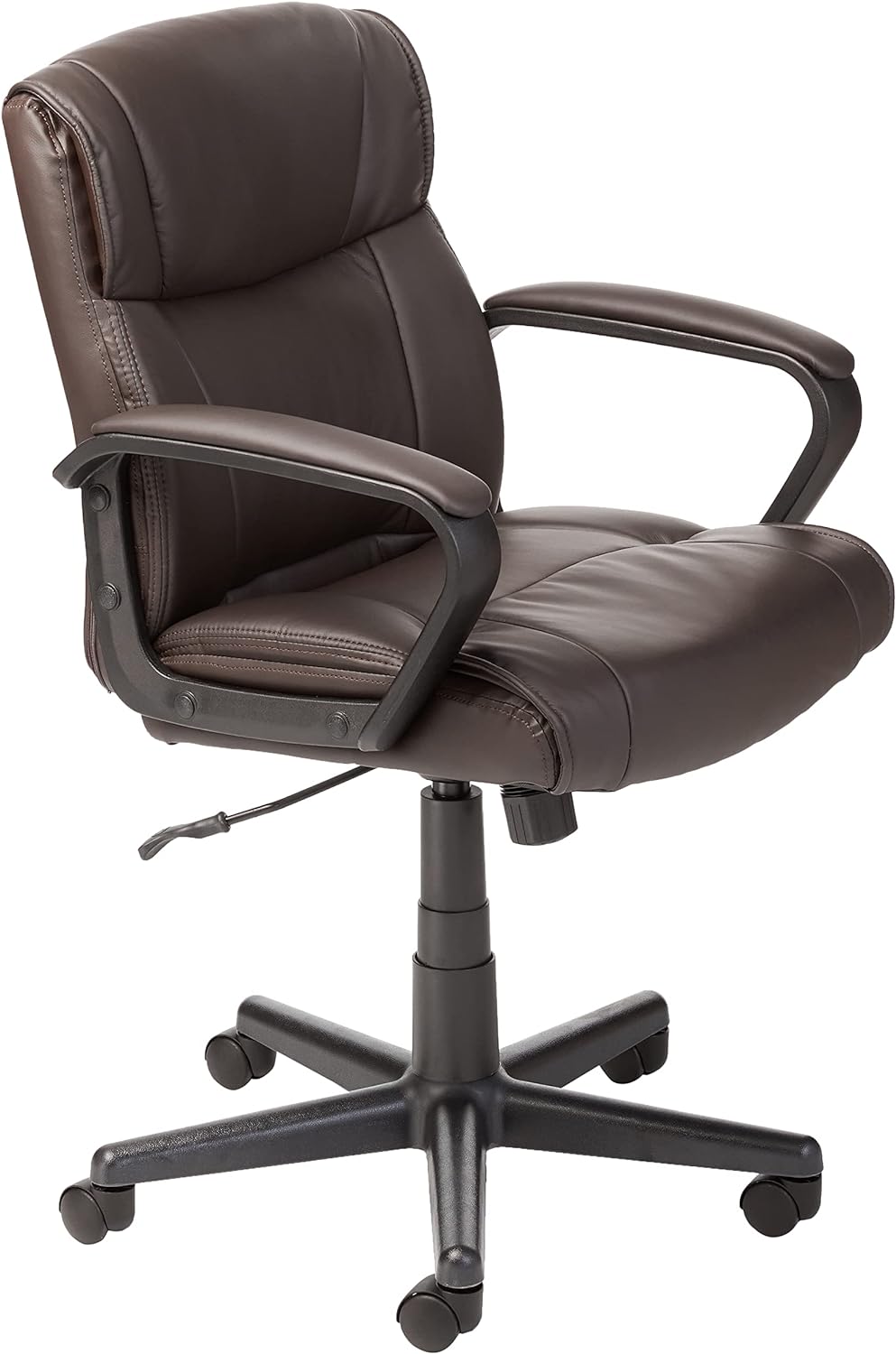 Amazon Basics Office Task Chair with Adjustable Height, 360° Swivel, Padded Armrests, Mid-Back, Rolling, 275 Pound Capacity, 24"D x 24.2"W x 34.8"H, BIFMA Certified, Dark Brown Faux Leather
