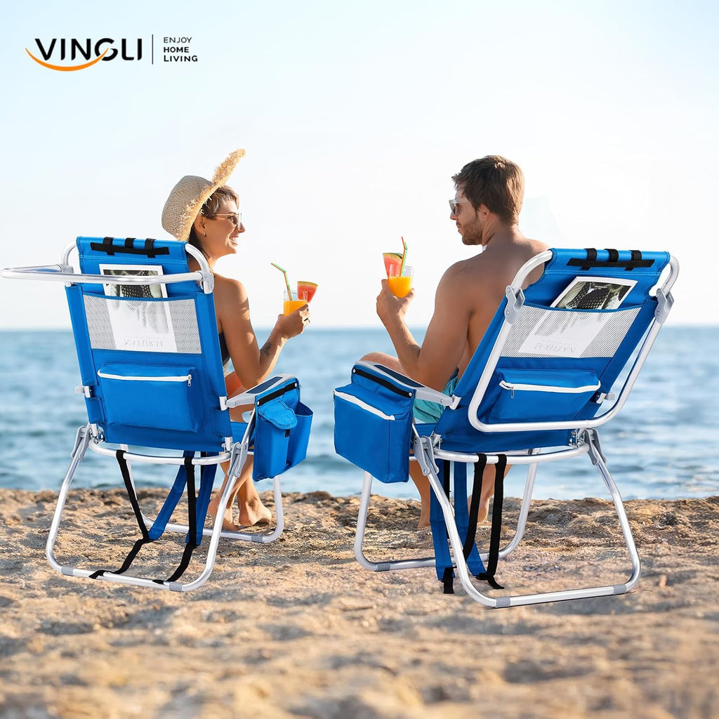 VINGLI Tall Beach Chair 1 Pack Lightweight, Backpack Beach Chair for Adults with 5-Position, Cooler Bag, Cup Holders, Towel Bar, Lightweight Folding Beach Camping Chairs Blue