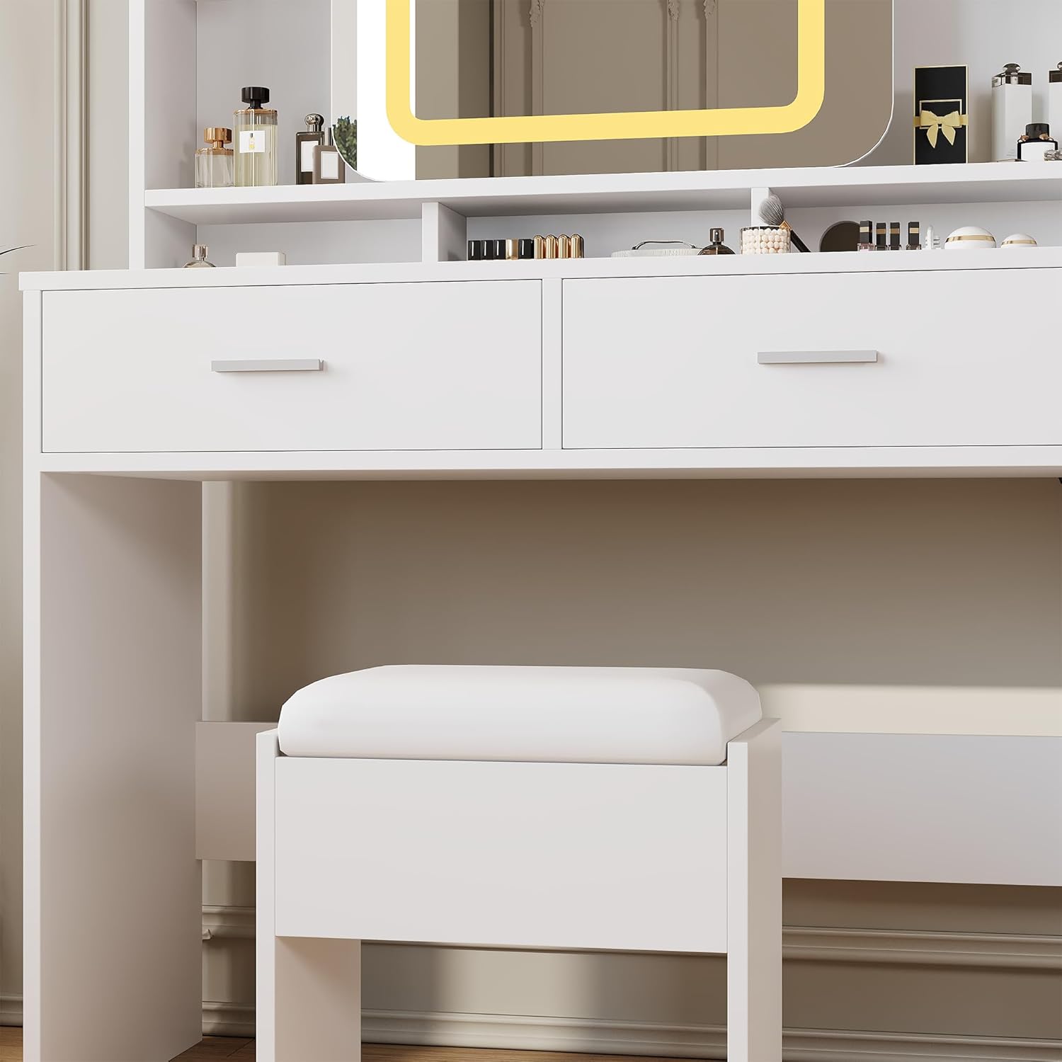 Dressing Table White Glam Vanity Set with Sliding Mirror & Stool, Vanity Desk with Mirror Features 3-Color LED Lights, USB Charging Hub, 2 Drawers & Storage Shelves, Perfect Dressing Table for Bedroom