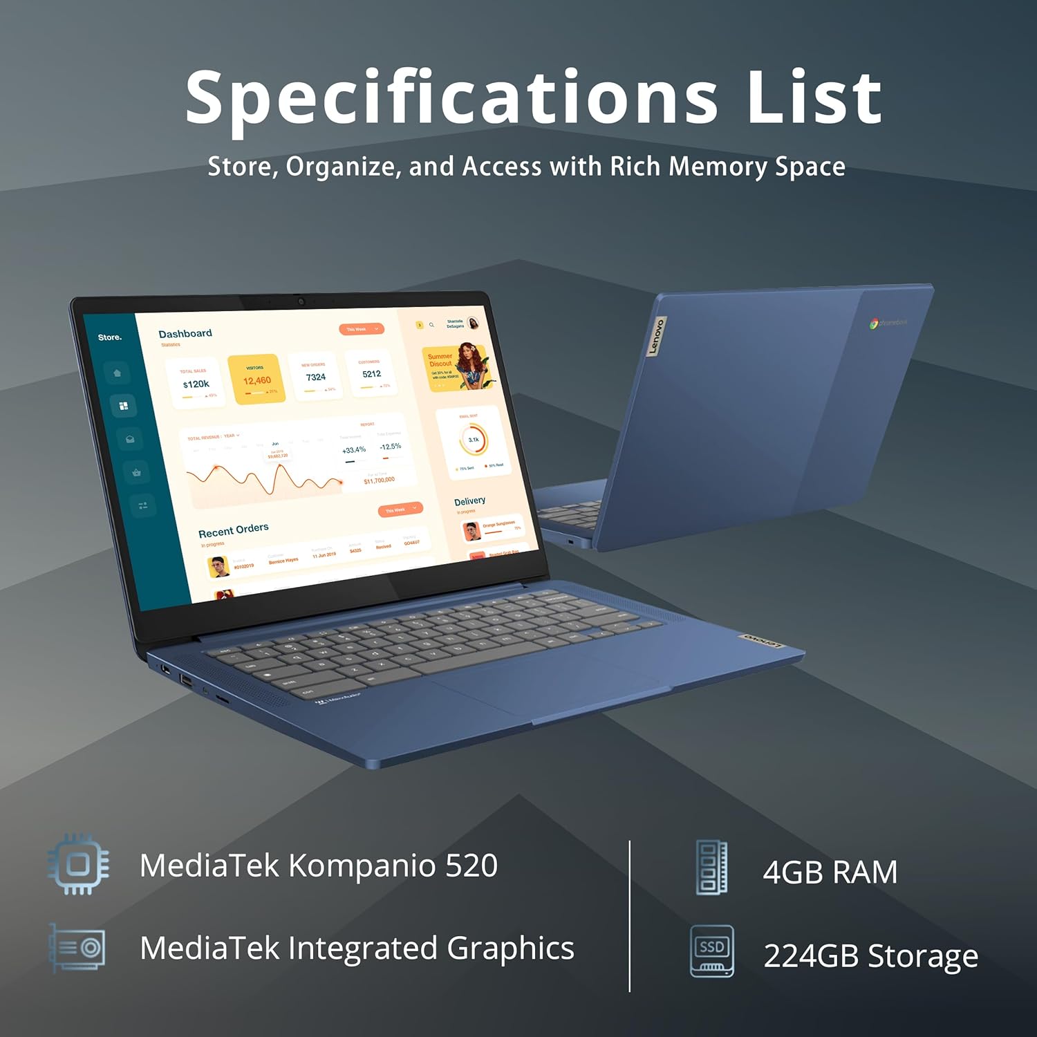 Lenovo IdeaPad Slim 3 Chromebook  14″ FHD IPS Anti-GlareTouchscreen  MediaTek Kompanio 520  4GB LPDDR4X  224GB Storage(64GB eMMC+160GB Docking Station Set)  Webcam  WiFi 6  Chrome OS  Blue