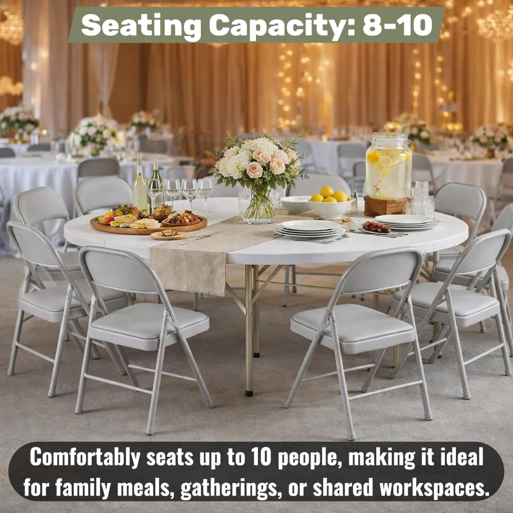 6 Ft Round Bi-Fold Folding Table with Carry Handle, 72" Bi-fold Table, Portable Plastic Table with Steel Legs for Party, Dining, Wedding, Events, Picnic, Indoor Outdoor Use