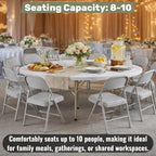 6 Ft Round Bi-Fold Folding Table with Carry Handle, 72" Bi-fold Table, Portable Plastic Table with Steel Legs for Party, Dining, Wedding, Events, Picnic, Indoor Outdoor Use