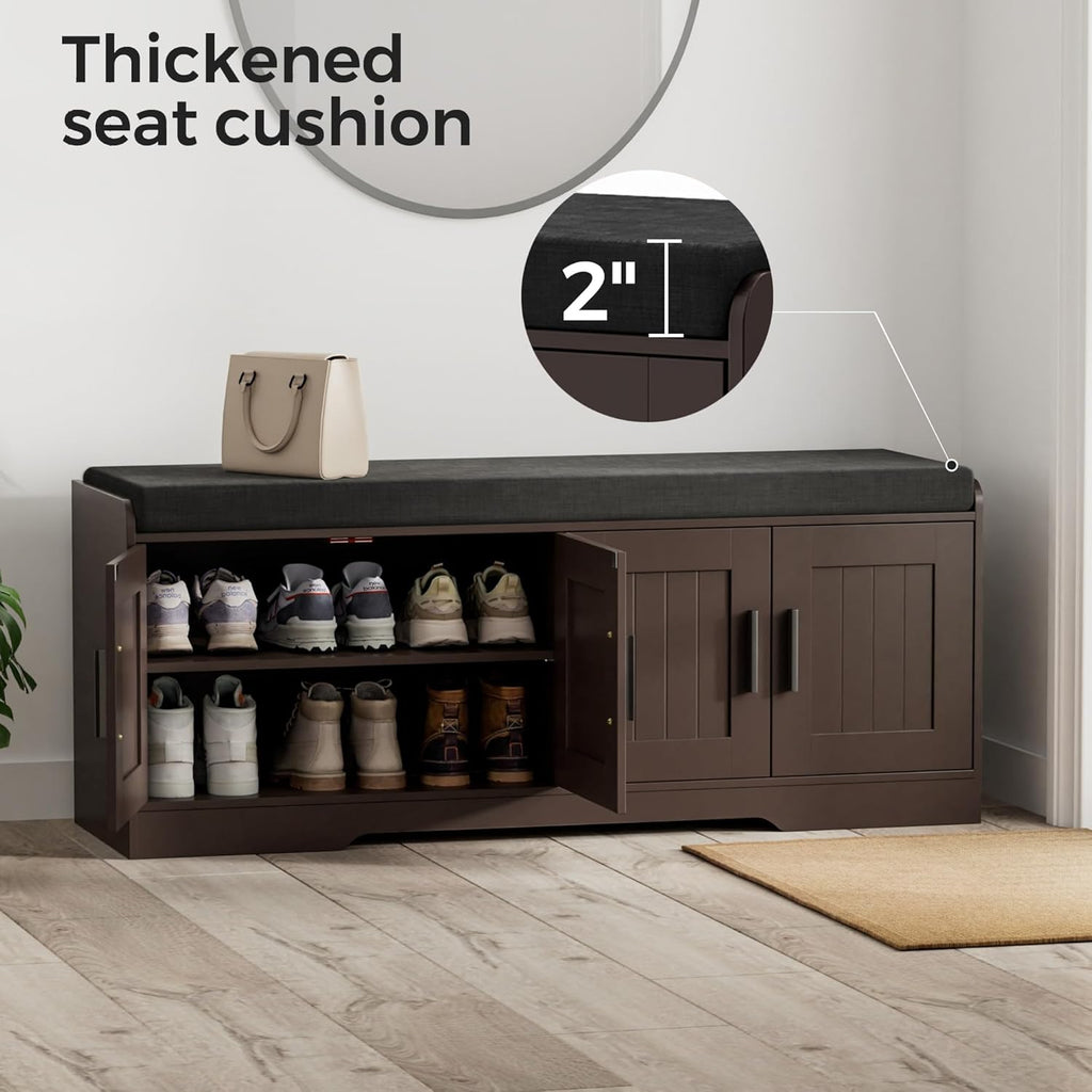 Homleke 2-Tier Storage Bench, Shoe Bench with Thickened Padded Seat Cushion, Entryway Bench with 4 Doors, Adjustable Shelf, 13.8" D x 45.3" W x 18.5" H, for Entryway, Living Room, Bedroom, Brown
