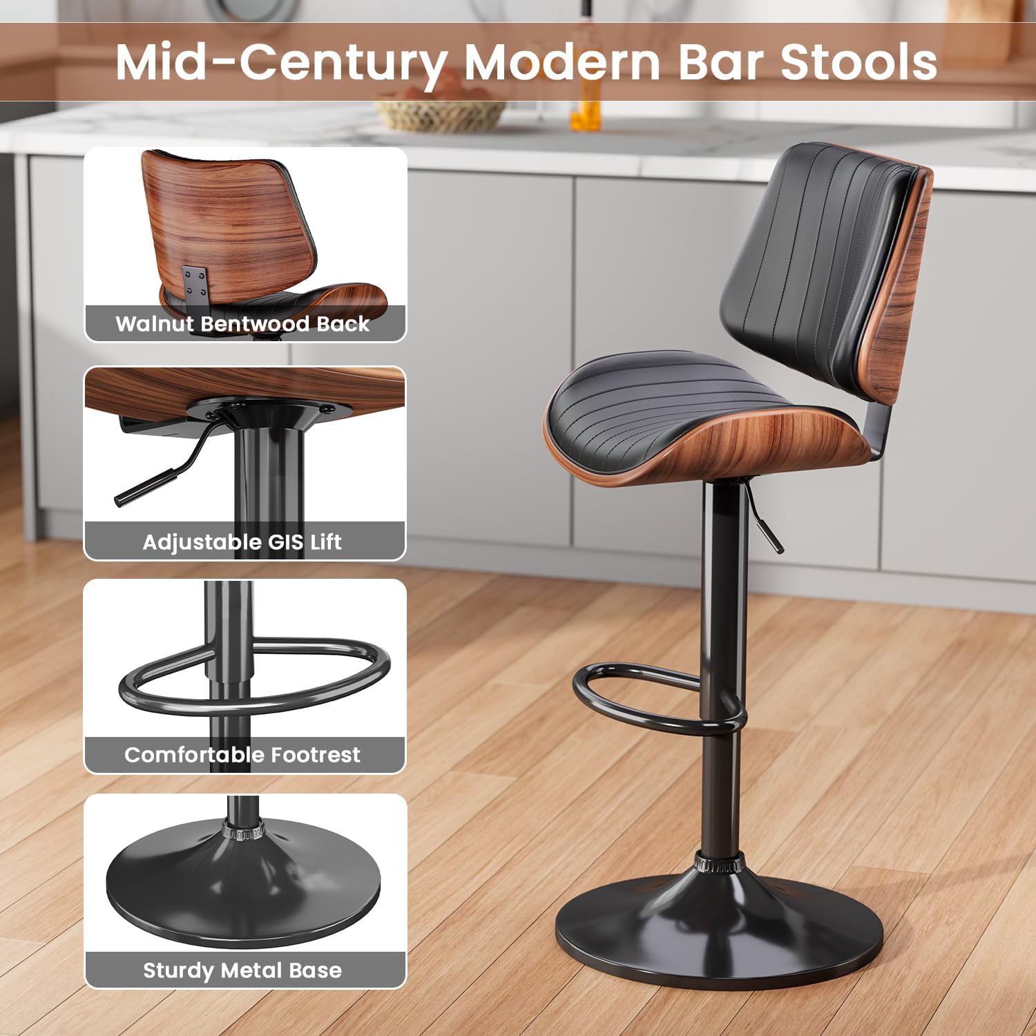 Swivel Bar Stools Set of 3, Adjustable Bentwood Barstools for Kitchen Counter, Modern PU Leather Upholstered Bar Chair with Back and Footrest, for Kitchen Island, Bar, Dining Room, Black