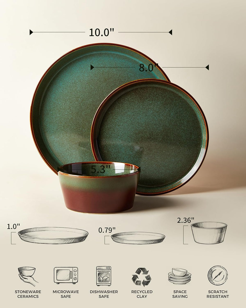 Pokini Plates and Bowls Sets for 6, Ceramic Dinnerware Sets, Kitchen Dish Set, Microwave & Dishwasher Safe Dishware, Highly Durable Reactive Glazed Dinner Set, Brown Green