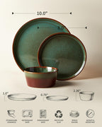 Pokini Plates and Bowls Sets for 6, Ceramic Dinnerware Sets, Kitchen Dish Set, Microwave & Dishwasher Safe Dishware, Highly Durable Reactive Glazed Dinner Set, Brown Green