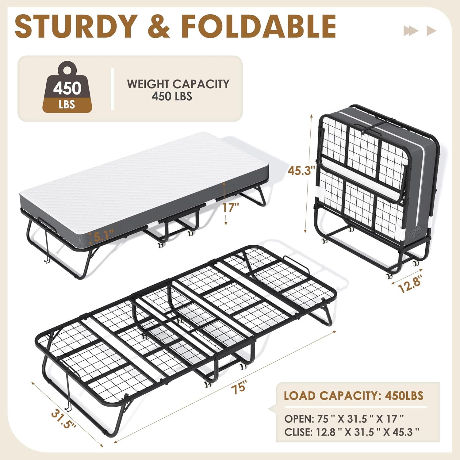 Folding Bed with 5" Mattress, 75" x 31" Roll Away Twin Beds for Adults with Storage Cover, Portable Foldable Bed with Metal Frame on Wheels for Guest, Space Saving