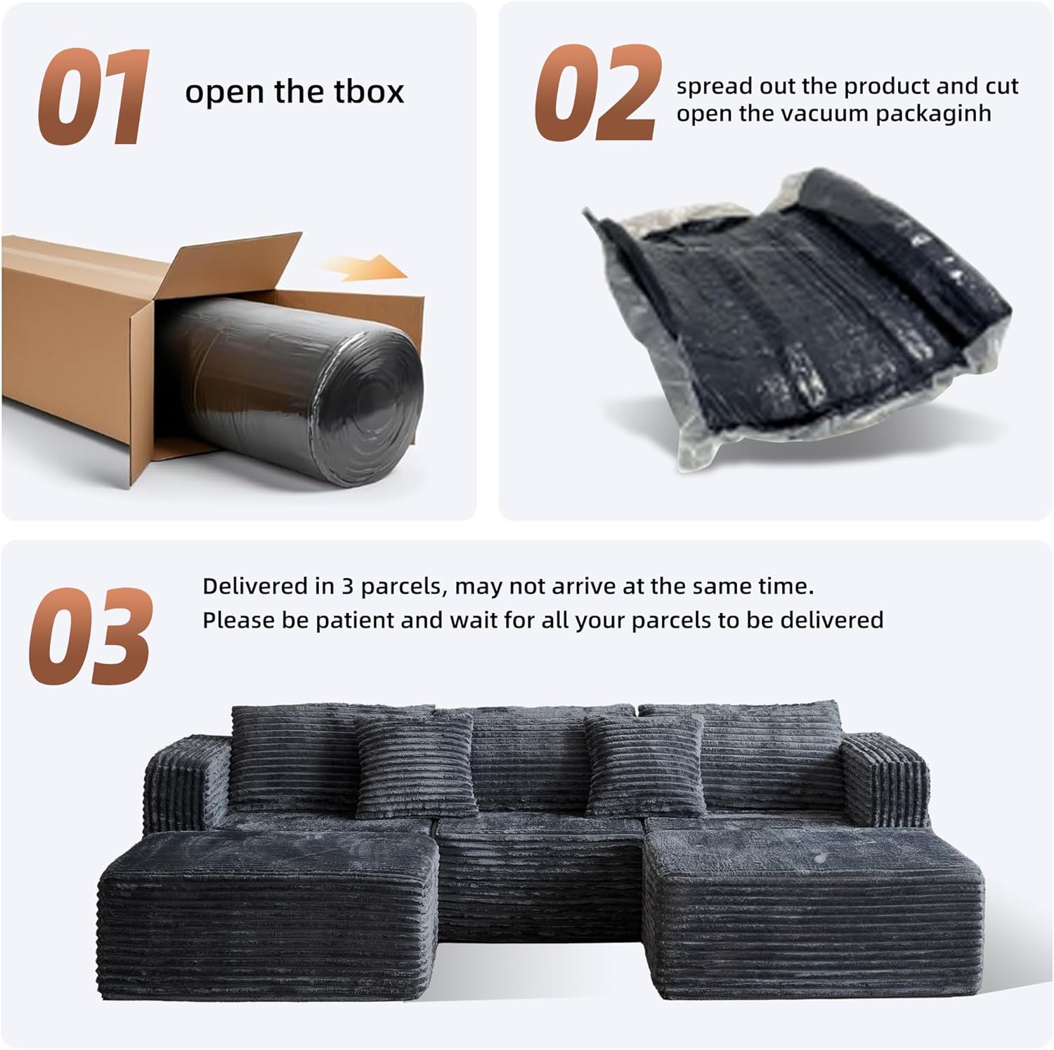 110" Modular Sectional Couch with 2 Movable Ottoman, Cloud Sofa Couches for Living Room, U Shaped Deep Seat Boneless Sofa,Luxury Corduroy Fabric, No Assembly Required Grey