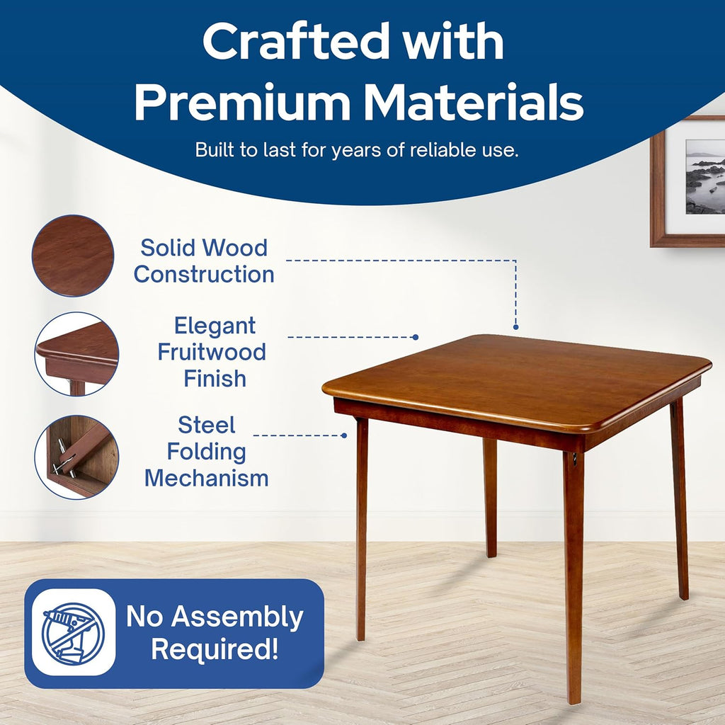MECO Stakmore Classic Straight Edge Square Wood Folding Card Table, 32" x 32", Fruitwood - Foldable Wooden Tabletop Furniture for Cards, Board Games, Dining, and Extra Seating