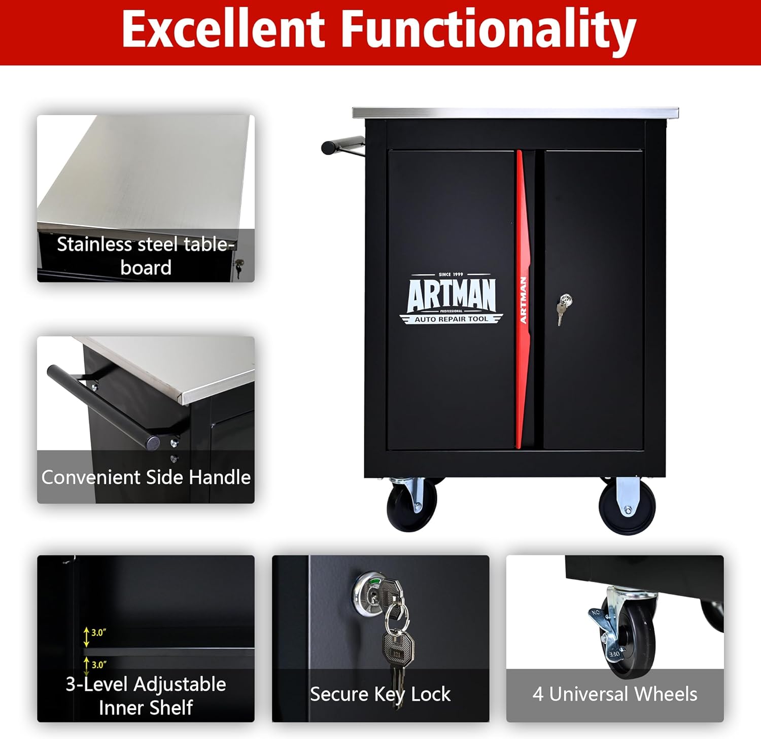 Artman Double Door Rolling Tool Chest, Black & Red Modular Tool Box with Wheels, Heavy-Duty Rolling Tool Cabinet for Garage & Workshop Storage