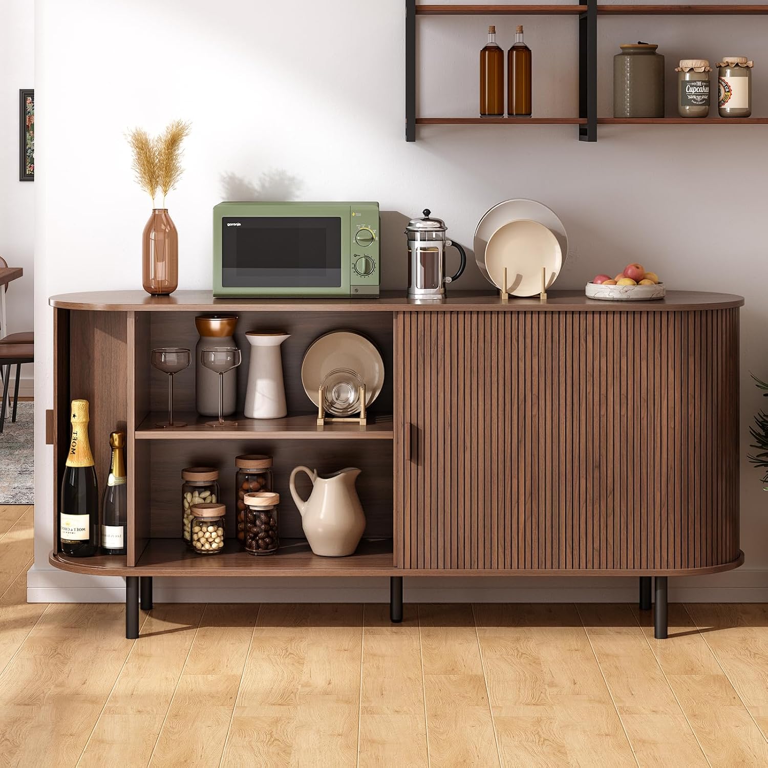 ONBRILL 63" Sideboard Buffet Cabinet with Storage, Storage Cabinet with Sliding Door & Adjustable Shelf, Modern Accent Coffee Bar Console Table for Kitchen, Entryway, Walnut