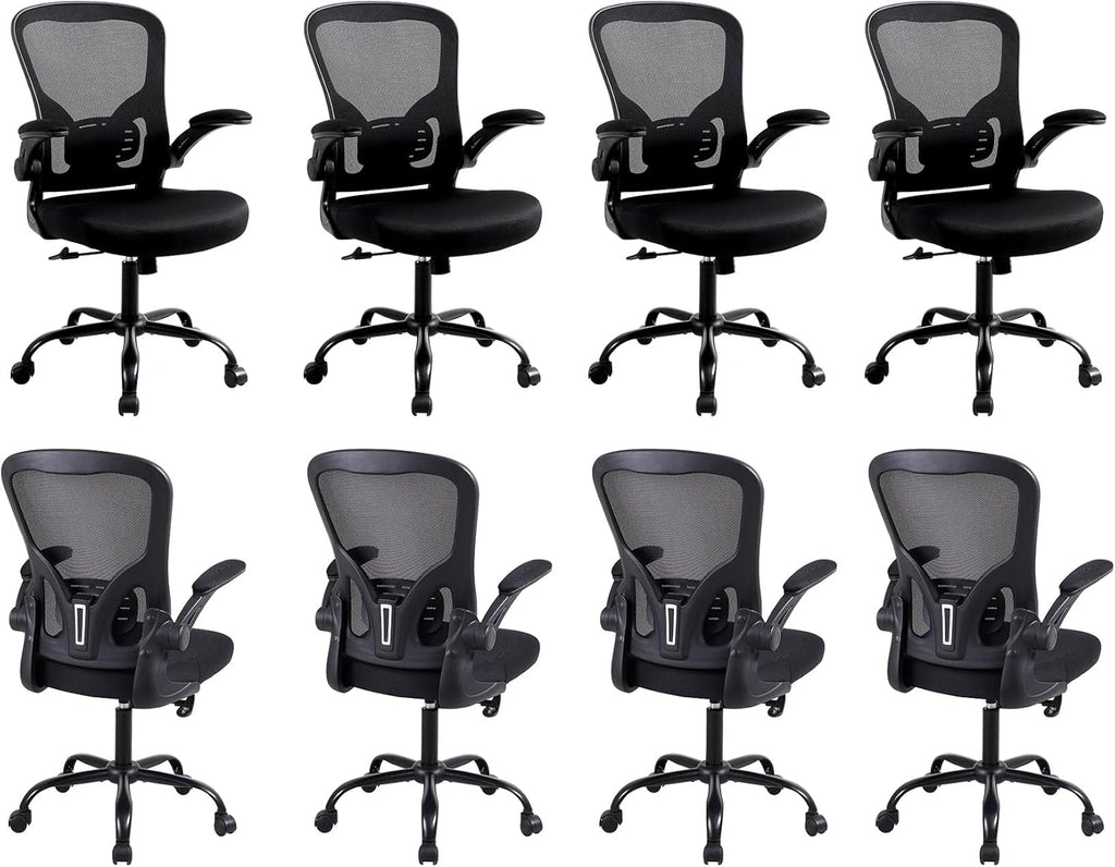 Flysky Ergonomic Home Office Desk Chair Set of 8 - Lumbar Back Support, Breathable Mesh Swivel Computer Task Chair with Wheels and Flip-up Arms, Height Adjustable, Black