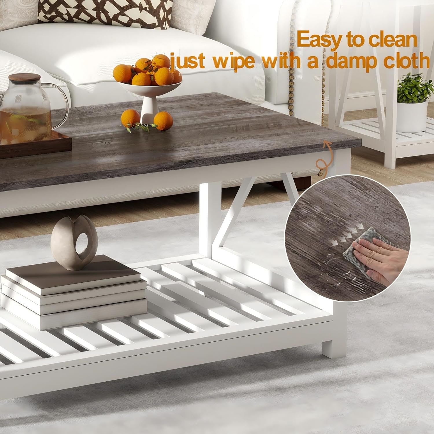 Farmhouse Coffee Table, White Oak Coffee Table for Living Room, 2-Tier Rectangular Wooden Centre Cocktail Table with Slats Shelf Storage and V-Shaped Frame Modern Coffee Oak Grey
