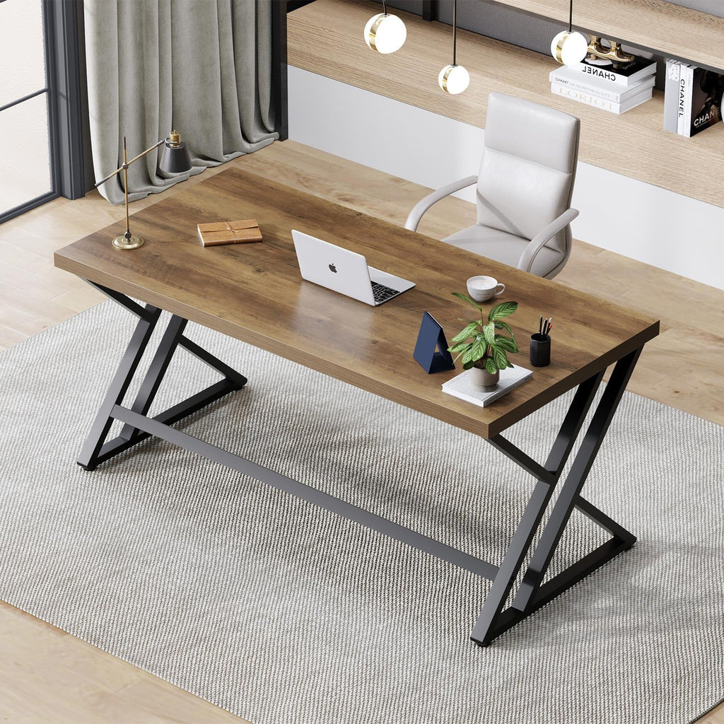 LVB Wood Computer Desk, Rustic Home Office Executive Desk for Bedroom, Industrial Wooden Computer Writing Study Work Gaming Table, Modern Metal PC Student Simple Desk with Storage, 55 Inch, Rustic Oak