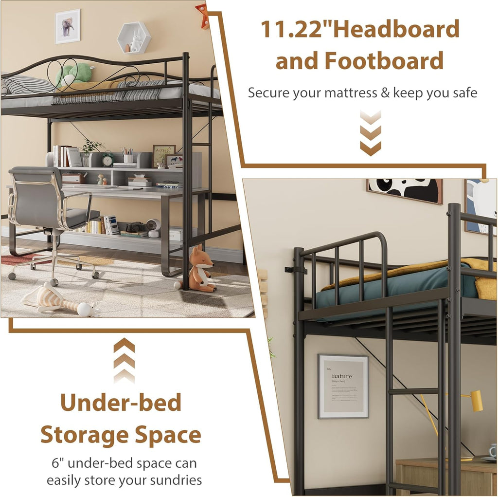 IDEALHOUSE Loft Bed Twin Size with Ladder & Full Safety Guardrail, Heavy Duty Metal Twin Loft Bed 400 Lbs Load Capacity, Space-Saving, Noise Free, No Box Spring Needed, Easy Assembly, Black