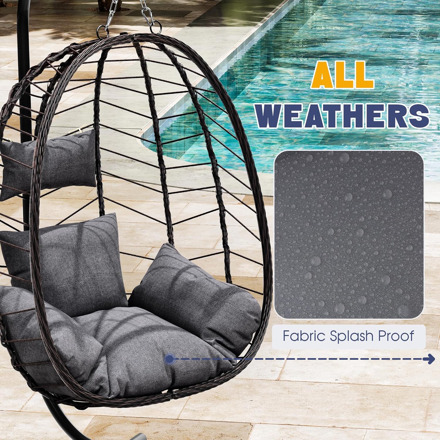 LEX CRAFT Egg Chair with Stand, Patio Wicker Hanging Chair, Hammock Swing Chair, 350LBS Capacity for Bedroom, Balcony, Garden(BR-GR)