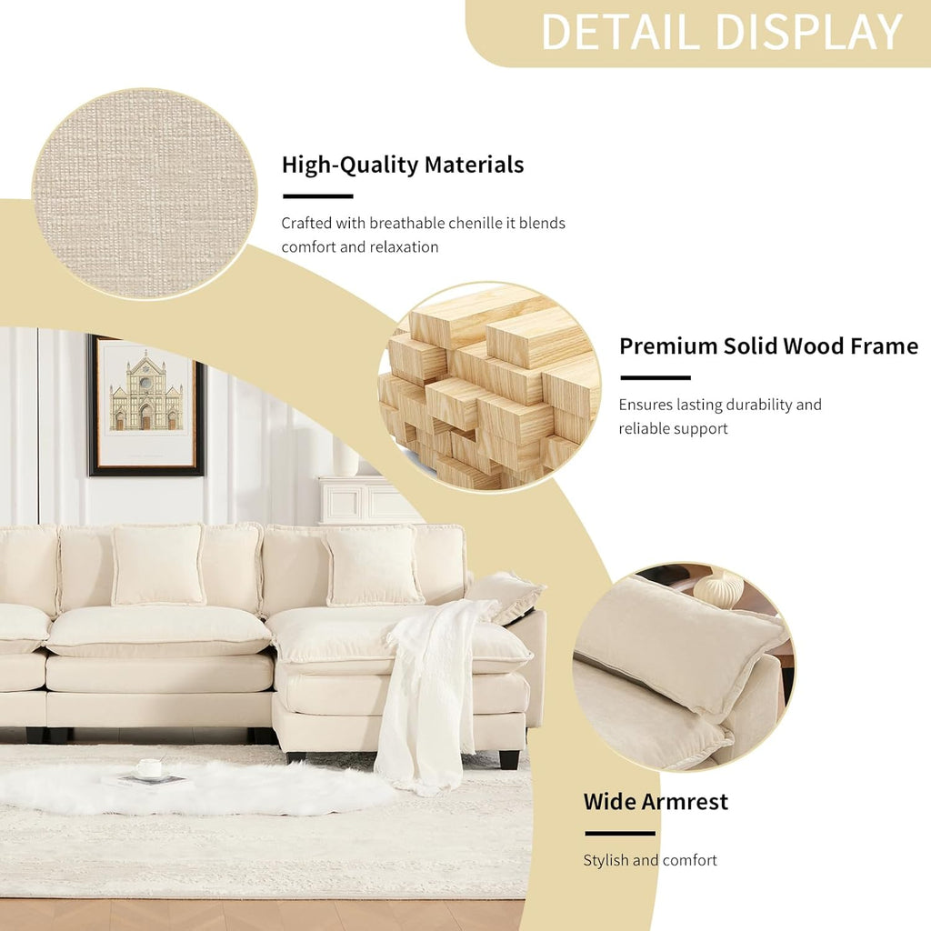 117.3” Beige Modular Sectional Sofa, 3 Seater Large Sectional Couches for Living Room, Chenille Fabric Oversized Cloud Couch with Ottoman, Deep Seat Wide Armrest Home Sofas Set, Sofá Moderno, L Shaped