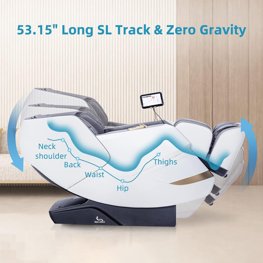 MassaMAX MT339 4D Massage Chair  Full Body Shiatsu Recliner with Electric Extendable Footrest  Zero Gravity  SL Track  Deep Yoga Stretch  22 Modes  AI Voice Control  Foot Rollers  and Heating (White)