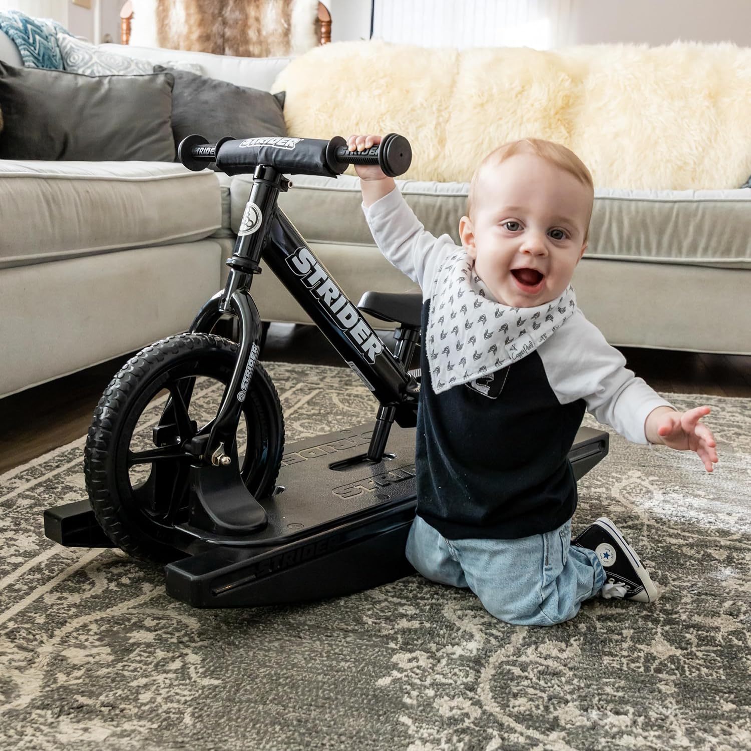 Strider 12” Pro Bike + Rocking Base - Helps Teach Baby How to Ride a Balance Bicycle - for Kids 6 Months to 4 Years - Easy Assembly & Adjustments