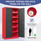 Metal Storage Cabinet with Lock,71 Inch Garage Cabinet with 2 Doors and 5 Adjustable Shelves,Steel Storage Cabinets for Garage,Home Office,Pantry,School(Red & Black)