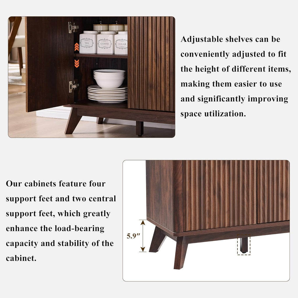T4TREAM Fluted Buffet Sideboard Cabinet with Storages, 60" Large Modern Buffet Table Coffee Bar Wine Bar Storage Cabinet with 3 Drawers & 4 Doors for Dining Room, Living Room, Hallway(Dark Walnut)