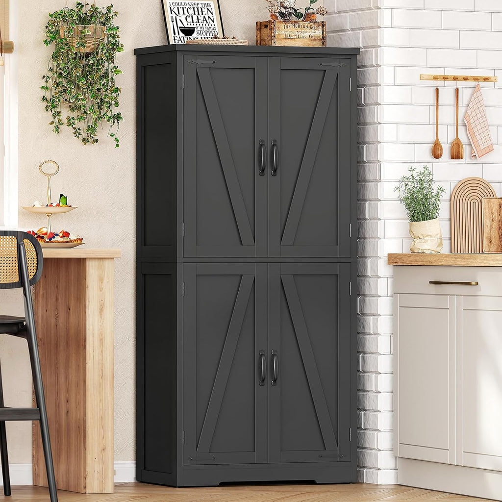 TEENFON 58" H Storage Cabinet with Adjustable Shelf, Kitchen Cabinet with 4 Doors, Farmhouse Pantry Cabinets, Cupboard for Kitchen, Bathroom, Living Room, Black