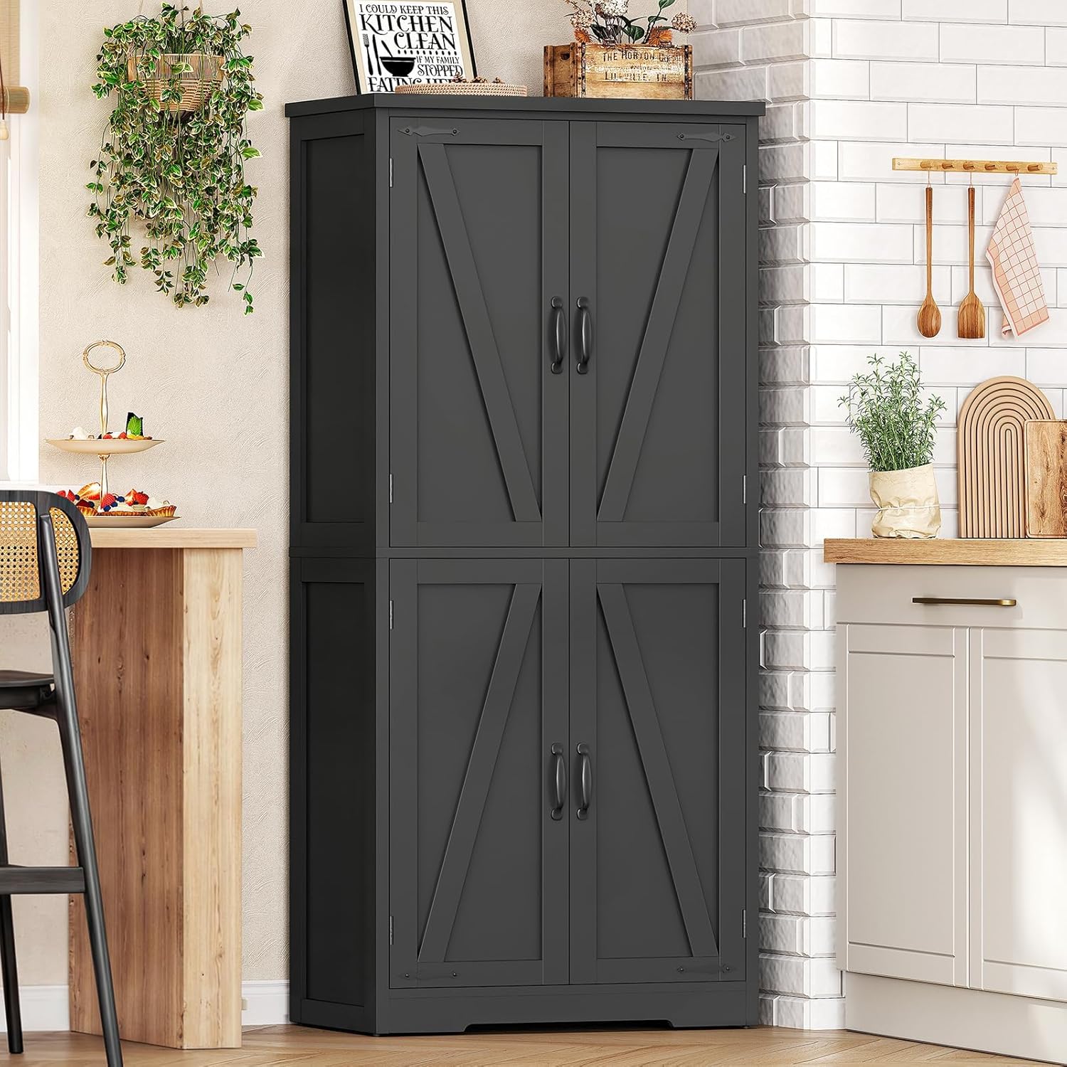 TEENFON 58" H Storage Cabinet with Adjustable Shelf, Kitchen Cabinet with 4 Doors, Farmhouse Pantry Cabinets, Cupboard for Kitchen, Bathroom, Living Room, Black