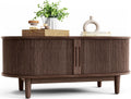 LINSY HOME Oval Coffee Table, Wood Coffee Table with Storage, Fluted Accent Center Table with Sliding Tambour Door, 39" Mid Century Modern Coffee Tables for Living Room, Bedroom, Apartment, Walnut