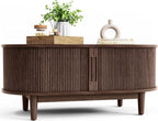 LINSY HOME Oval Coffee Table, Wood Coffee Table with Storage, Fluted Accent Center Table with Sliding Tambour Door, 39" Mid Century Modern Coffee Tables for Living Room, Bedroom, Apartment, Walnut