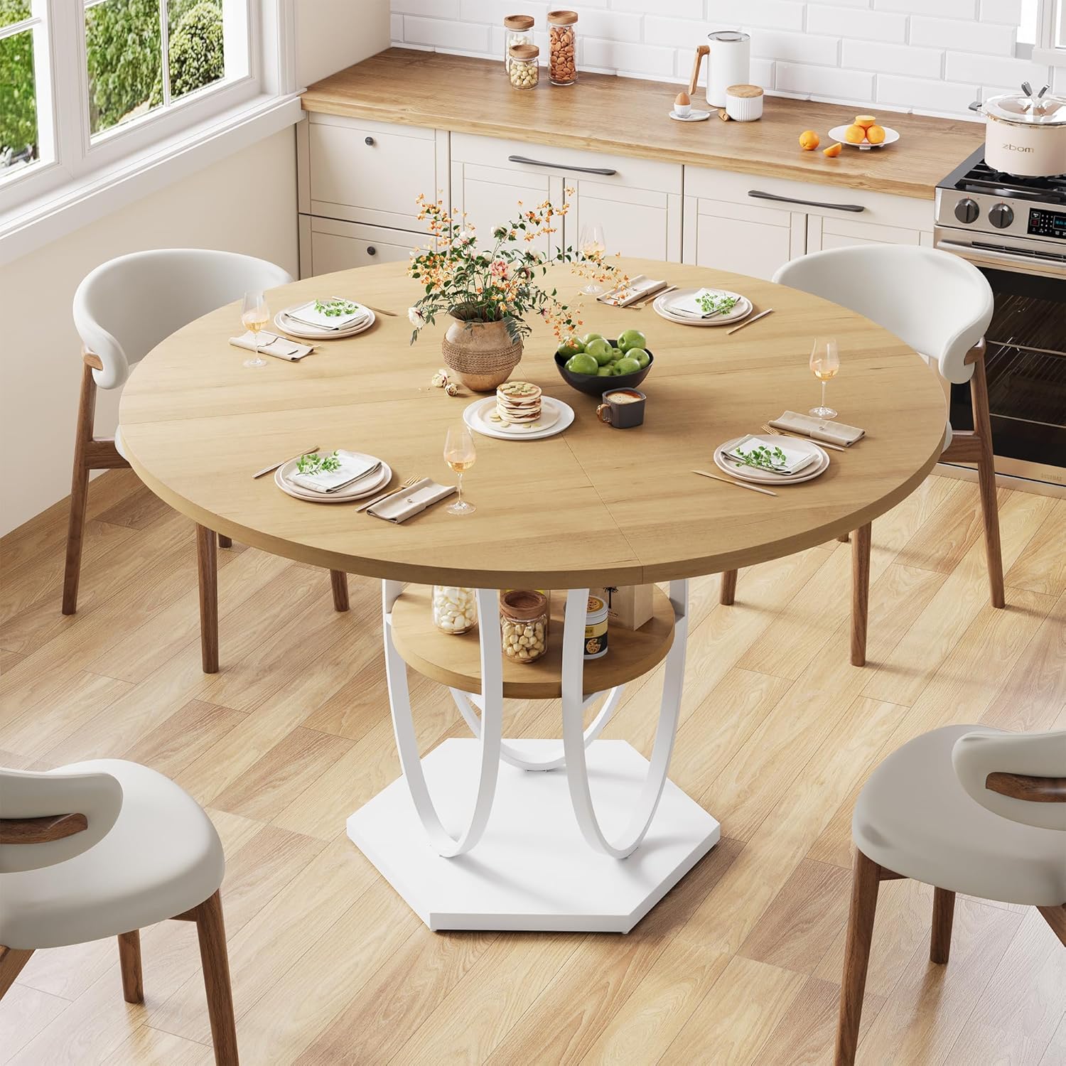 47.2" Round Dining Table for 4-6, Circle Kitchen Table with Open Storage Shelf, Modern Wooden Dinner Table with Metal Pedestal Base, Dining Room Tables for Kitchen Small Space, Natural Wood