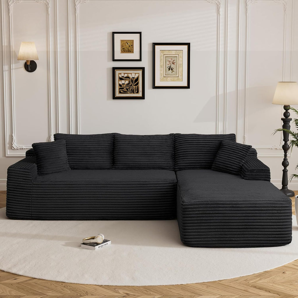 95" Boneless Cloud Sectional Couches for Living Room, Comfy Fluffy L Shaped Deep Seat Memory Foam Boneless Couch, Modular Sectional Sofas with Right Facing Chaise, Black