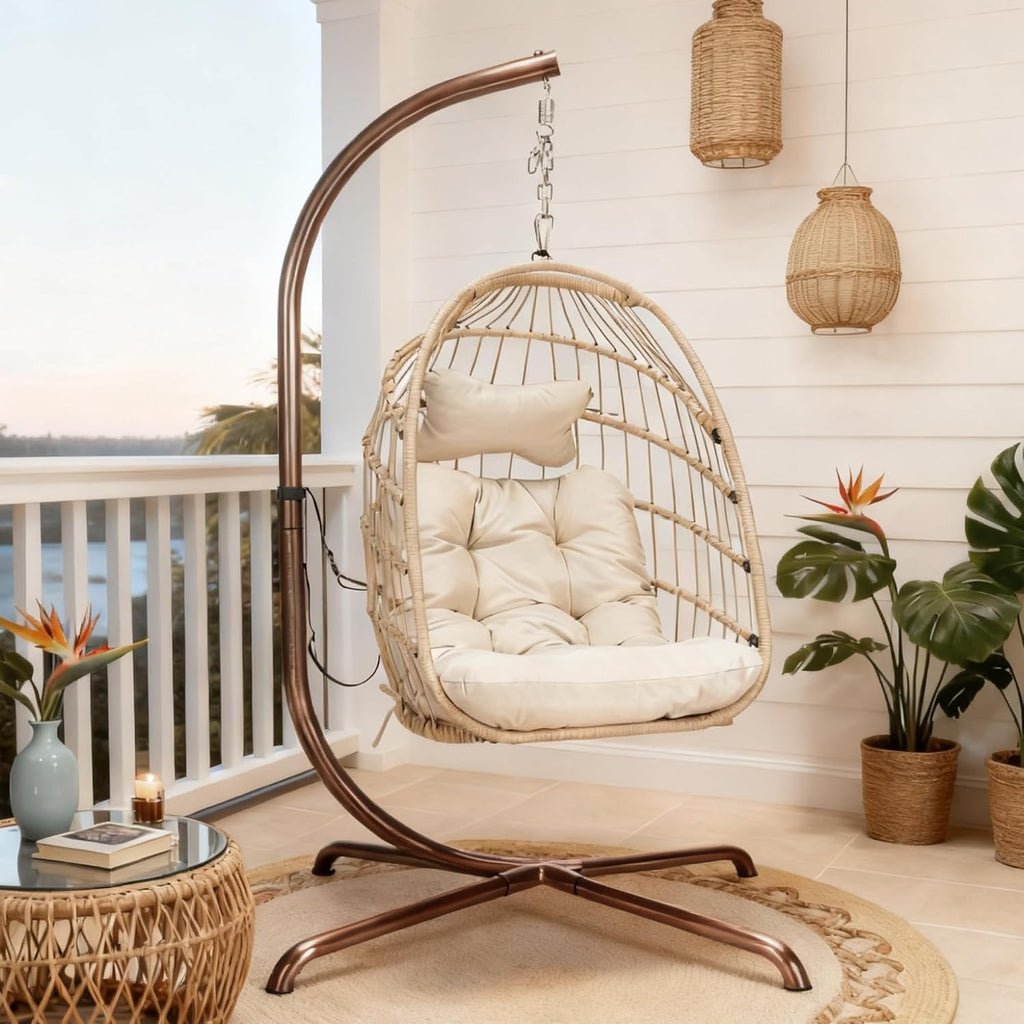 RADIATA Outdoor Swing Egg Chair with Stand, 350Lbs Heavy-Duty Wicker Egg Hanging Patio Chairs for Outside, Comfy Porch Swinging Chair with Thick Cushion Balcony Backyard Bedroom Indoor, Beige