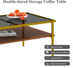 Casaphoria Rectangle Coffee Table with Gray Tempered Glass Top, 2-Tier Modern Center Cocktail Table with Golden Metal Legs and Wooden MDF Storage Shelf for Living Room, 38 Inch, 220 LBS Capacit