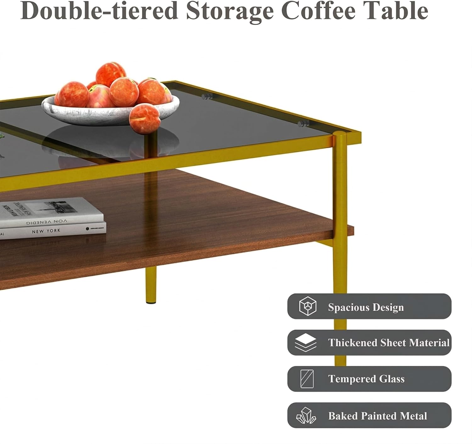 Casaphoria Rectangle Coffee Table with Gray Tempered Glass Top, 2-Tier Modern Center Cocktail Table with Golden Metal Legs and Wooden MDF Storage Shelf for Living Room, 38 Inch, 220 LBS Capacit