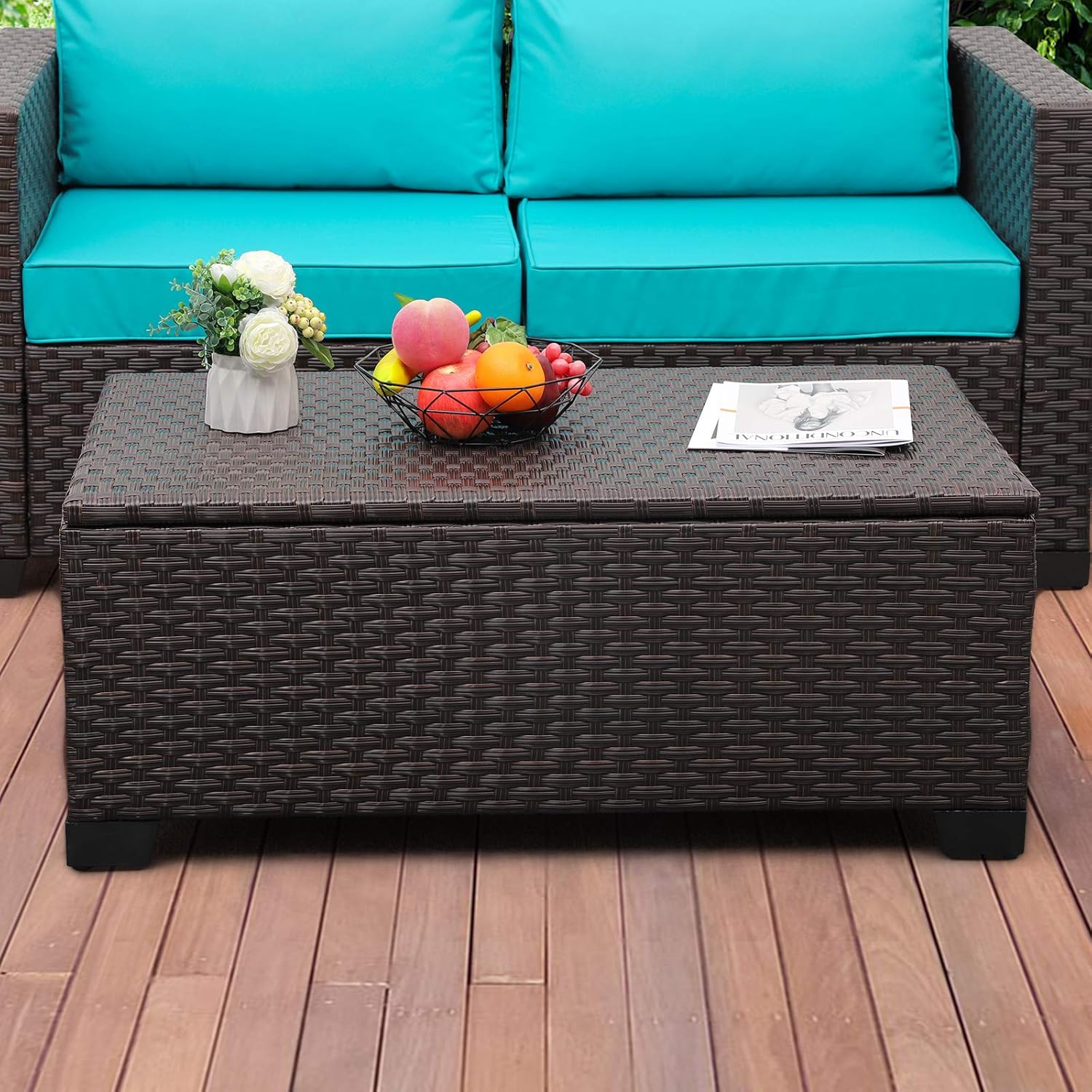 Rattaner Outdoor Storage Table Wicker Patio Coffee Table All-Weather Wicker Side Table with Waterproof Cover, Brown