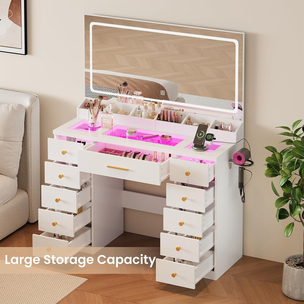 White Vanity Desk with Mirror and Lights,Glass Top Vanity Table with Power Outlet,Dressing Table with 11 RGB Drawers,3 Led Light Modes,Makeup Vanity Desk for Bedroom Women Girls