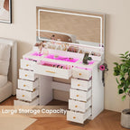 White Vanity Desk with Mirror and Lights,Glass Top Vanity Table with Power Outlet,Dressing Table with 11 RGB Drawers,3 Led Light Modes,Makeup Vanity Desk for Bedroom Women Girls
