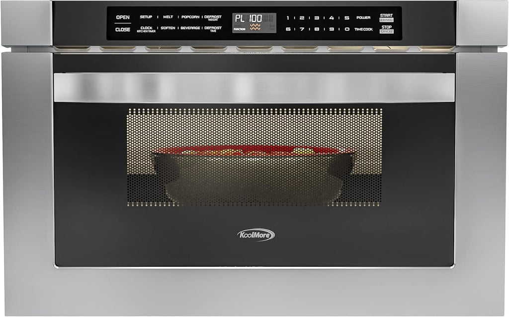 KoolMore 24 Inch Stainless-Steel Microwave Drawer with 1.2 cu. ft. Capacity, 1000W Power with 10 Custom Cooking Levels, Memory, and Timer Functions, Wall-Mounted with Flat Bottom (KM-MD-1SS)
