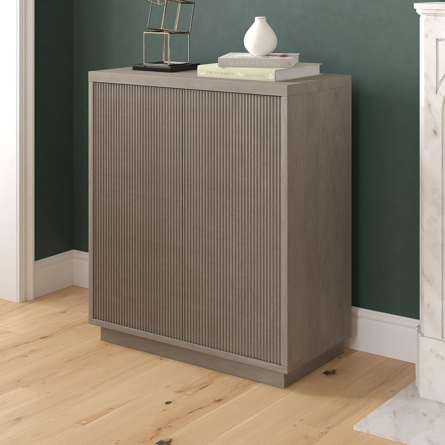 Henn&Hart 28" Fluted Wooden Accent Cabinet, Ribbed Modern Sideboard Buffet Cabinet with 2 Doors and an Adjustable Shelf for Living Room, Dining Room, Bedroom or Entryway, Weathered Gray