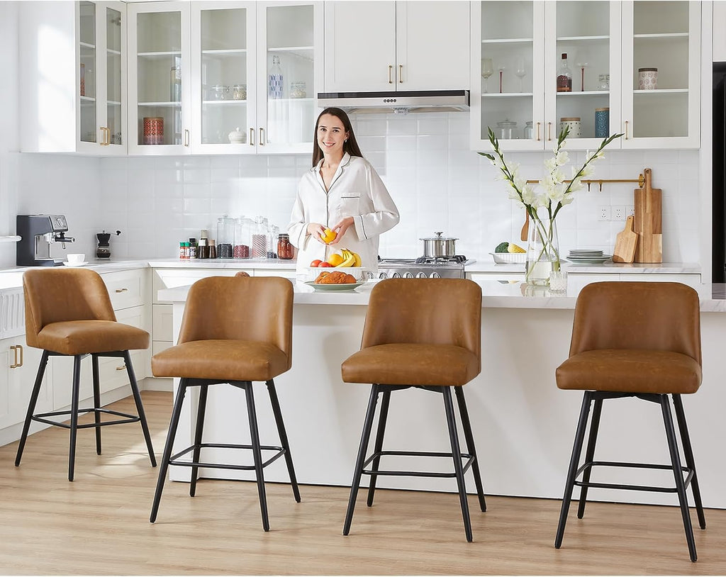 Counter Height Bar Stools Set of 4,360° Swivel Faux Leather Barstools with High Back 26" H Seat Height (Faux Leather-Saddle Brown, 4 Pieces - 26" Counter Height)