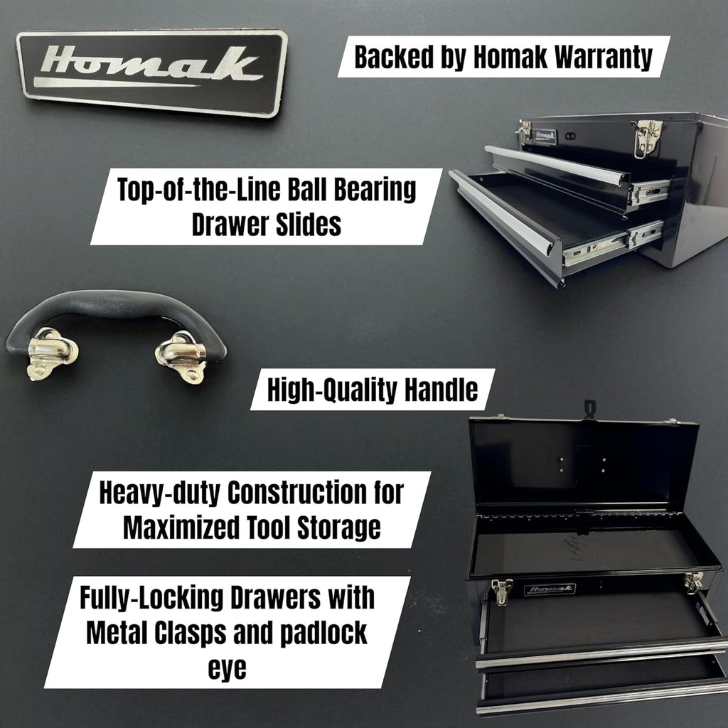 Homak 2 Drawer Ball Bearing Toolbox Chest, Black, 20 Inches
