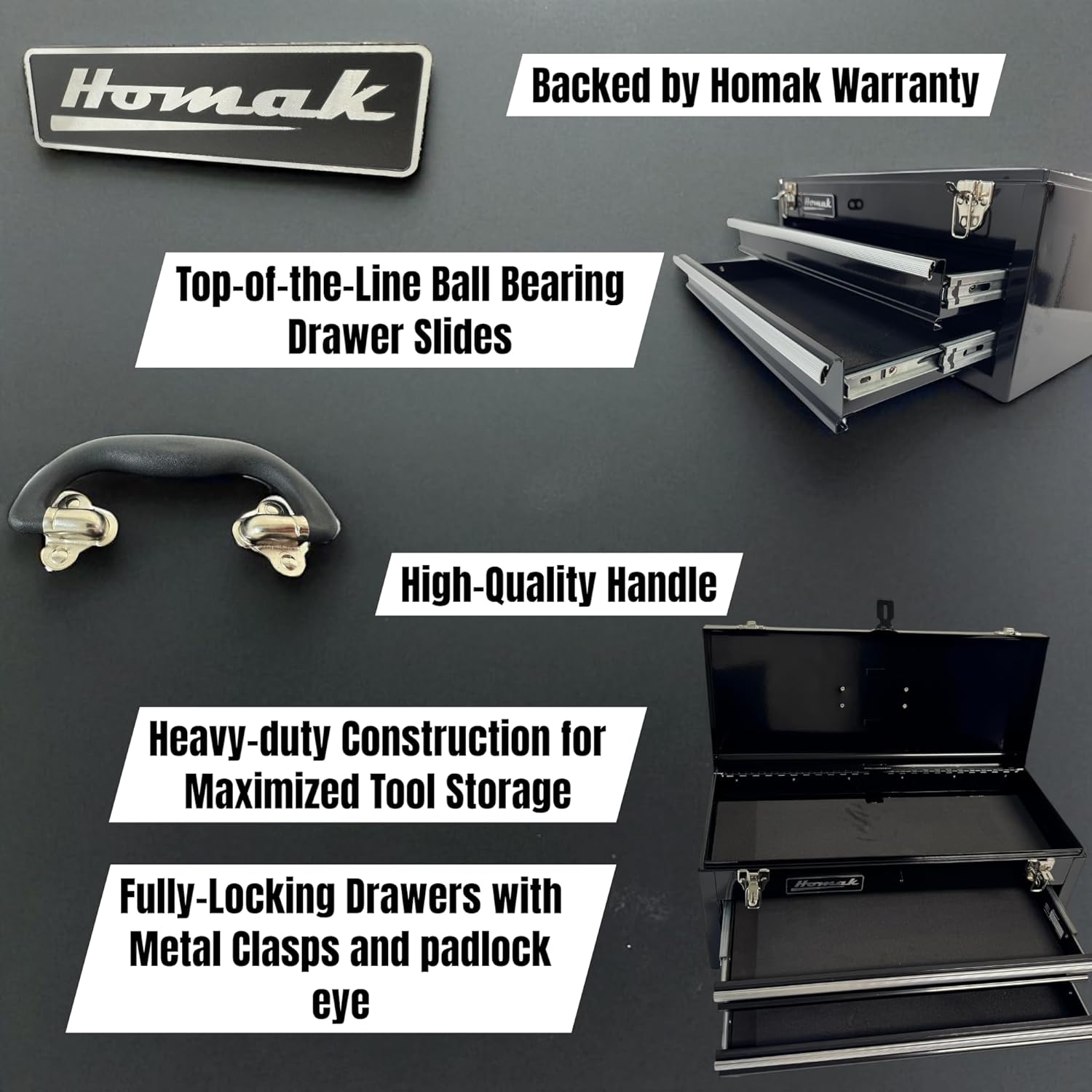 Homak 2 Drawer Ball Bearing Toolbox Chest, Black, 20 Inches
