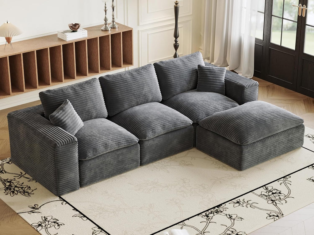 108" Plush Corduroy L Shaped Sectional Cloud Sofa Couch with Ottoman, Soft Deep Seat Modular Sectional Couches for Living Room,No Assembly. Grey