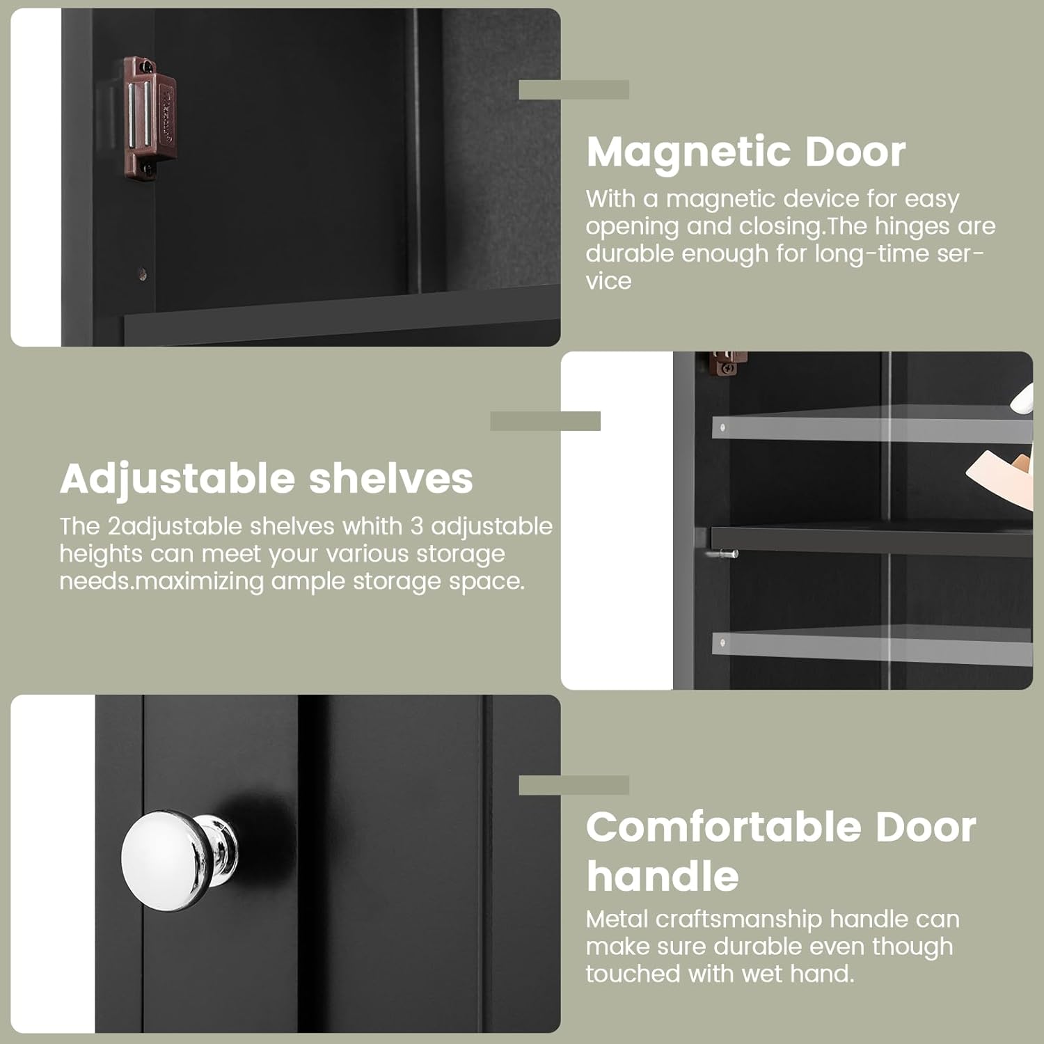 Iwell Tall Black Bathroom Cabinet with 2 Doors and 1 Drawer, Bathroom Storage Cabinet with Adjustable Shelves, Narrow Storage Unit for Living Room, Entryway, Kitchen, Black