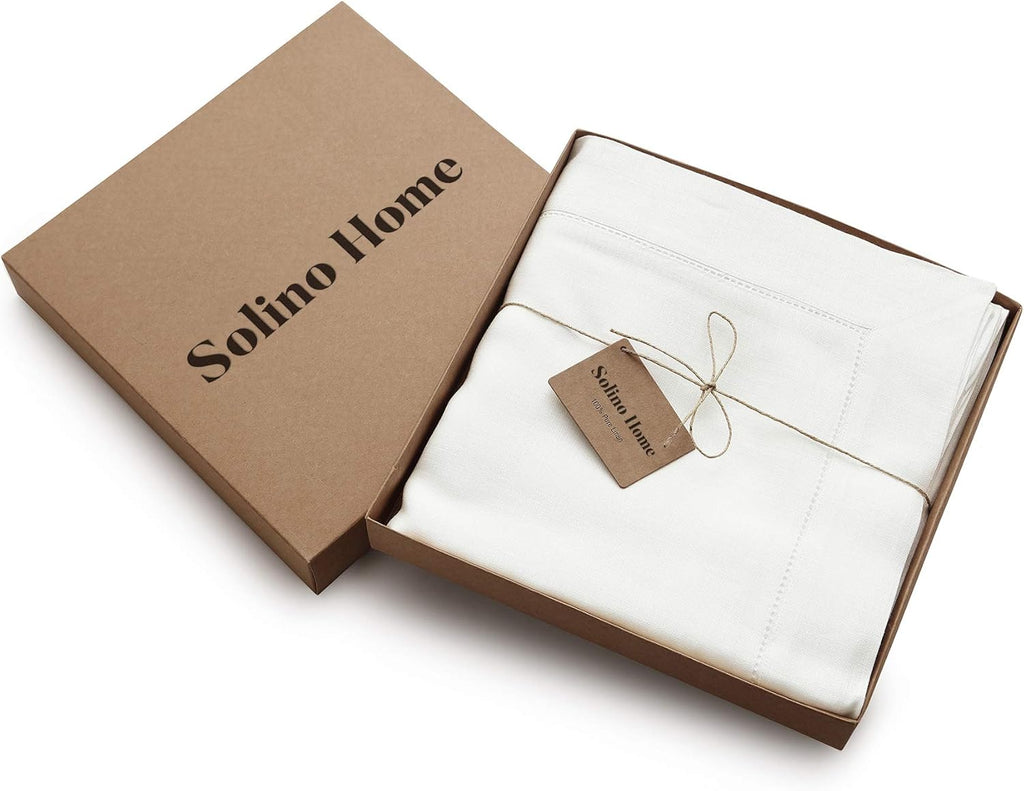 Solino Home Linen Tablecloth for Rectangle Tables 60 x 90 Inch - Classic Hemstitch 100% Pure Linen White Table Cloth - Machine Washable Cloth Tablecloth for Mothers Day, Spring, Summer, Memorial Day
