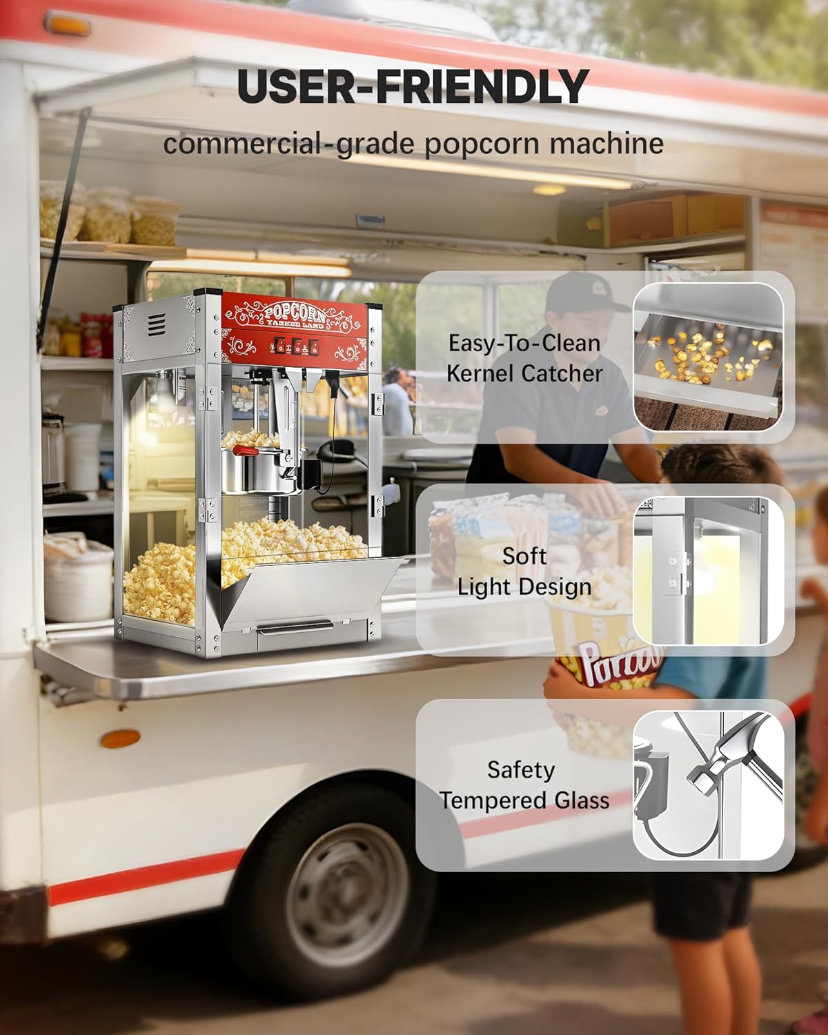 16 Oz Commercial Popcorn Machine, 1440 W, Movie Theater Popcorn Machine, Red Tabletop Pop Corn Machine with 3-Switch Control & Steel Frame Tempered Glass Doors