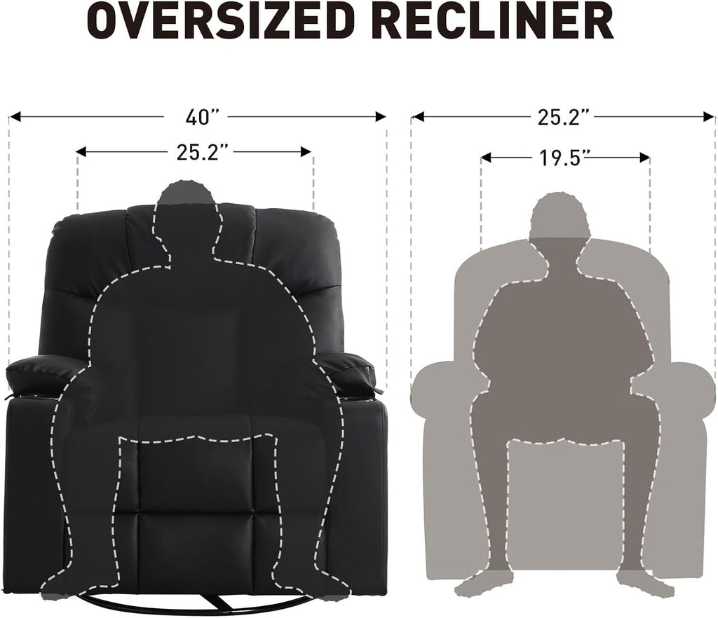 Bonzy Home Oversized Swivel Rocker Recliner, 40" Rocking Recliner Chair with Heated and Massage, PU Leather Single Sofa with Swivel Function, 2 Cup Holders for Living Room Bedroom, Black