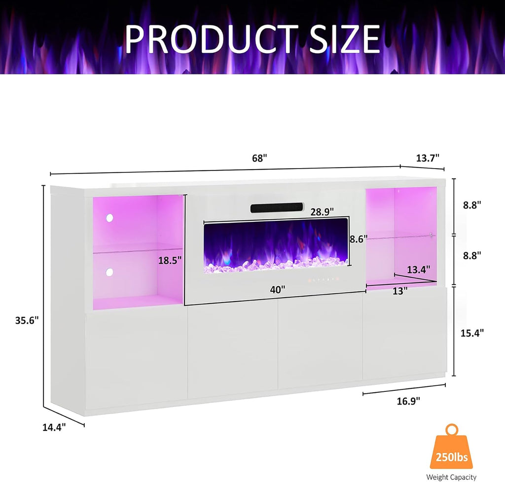 AMERLIFE 68" Fireplace TV Stand with 40" Fireplace, Modern High Gloss Fireplace Entertainment Center with LED Lights for TVs up to 78", TV Console with Glass Shelves for Living Room, White